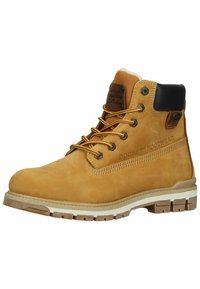 Braune Lederstiefeletten mit gepolstertem Kragen, Metallösen und braunen Schnürsenkeln. Mit einem strukturierten Seitenpaneel und einer robusten Gummisohle.