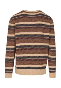 Maglione a righe con bande orizzontali beige, marrone e blu navy. Morbido tessuto lavorato a maglia con scollo rotondo e orlo a costine.