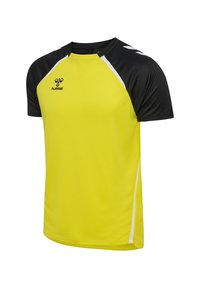Maglia sportiva gialla con maniche raglan nere, bordino bianco e piccolo logo nero "hummel" sul petto.