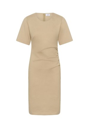 Abito beige fino al ginocchio con maniche corte, scollatura rotonda, arricciature laterali e zip sul retro.