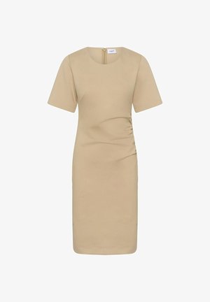 Beige knälång klänning med korta ärmar, rund halsringning, sidofåll och dragkedjestängning bak.