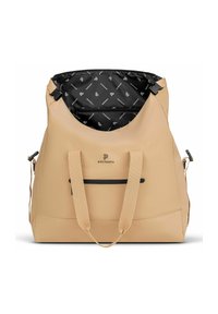 Borsa tote beige realizzata in materiale durevole, foderata in nero, con spallacci regolabili e una tasca con zip frontalmente che presenta il logo "pactastic."