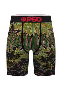 Black boxer briefs with vibrant green, yellow, and red graphic print featuring eagles, stars, and intricate patterns. Brand logo on waistband.