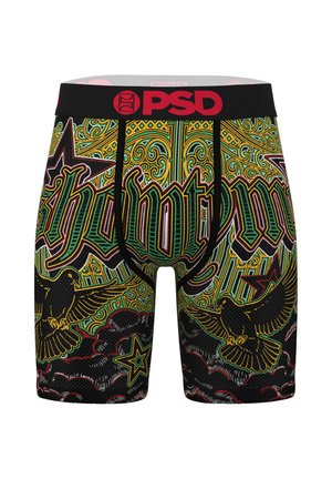 Boxer neri con stampa grafica vivace in verde, giallo e rosso che raffigura aquile, stelle e motivi intricati. Logo del marchio sulla fascia in vita.