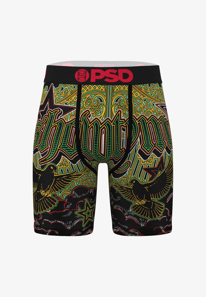 Black boxer briefs with vibrant green, yellow, and red graphic print featuring eagles, stars, and intricate patterns. Brand logo on waistband.