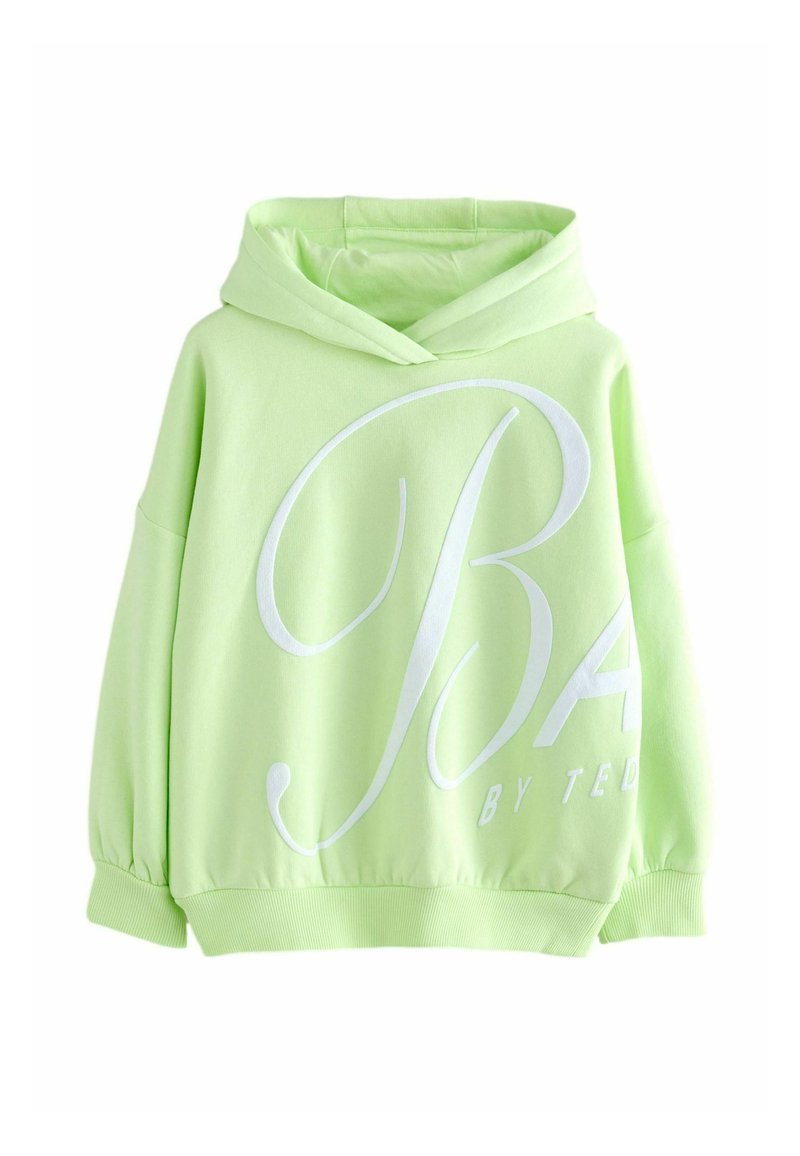 Felpa verde chiaro con cappuccio e vestibilità oversize. Presenta una scritta bianca oversize "B" e "BY TED" sul davanti. Tessuto morbido e texture.