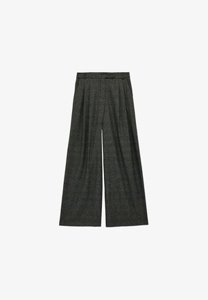 Korkeavyötäröiset, leveälahkeiset, tummanharmaat ruudulliset housut, joissa on etupeilit, vyölenkit, sivutaskut ja yksittäinen nappikiinnitys vyötäröllä.