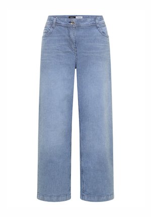 Pantalon large à jambes larges rayé verticalement bleu et blanc, avec boutonnière à l'avant et poches, fabriqué en tissu denim léger.