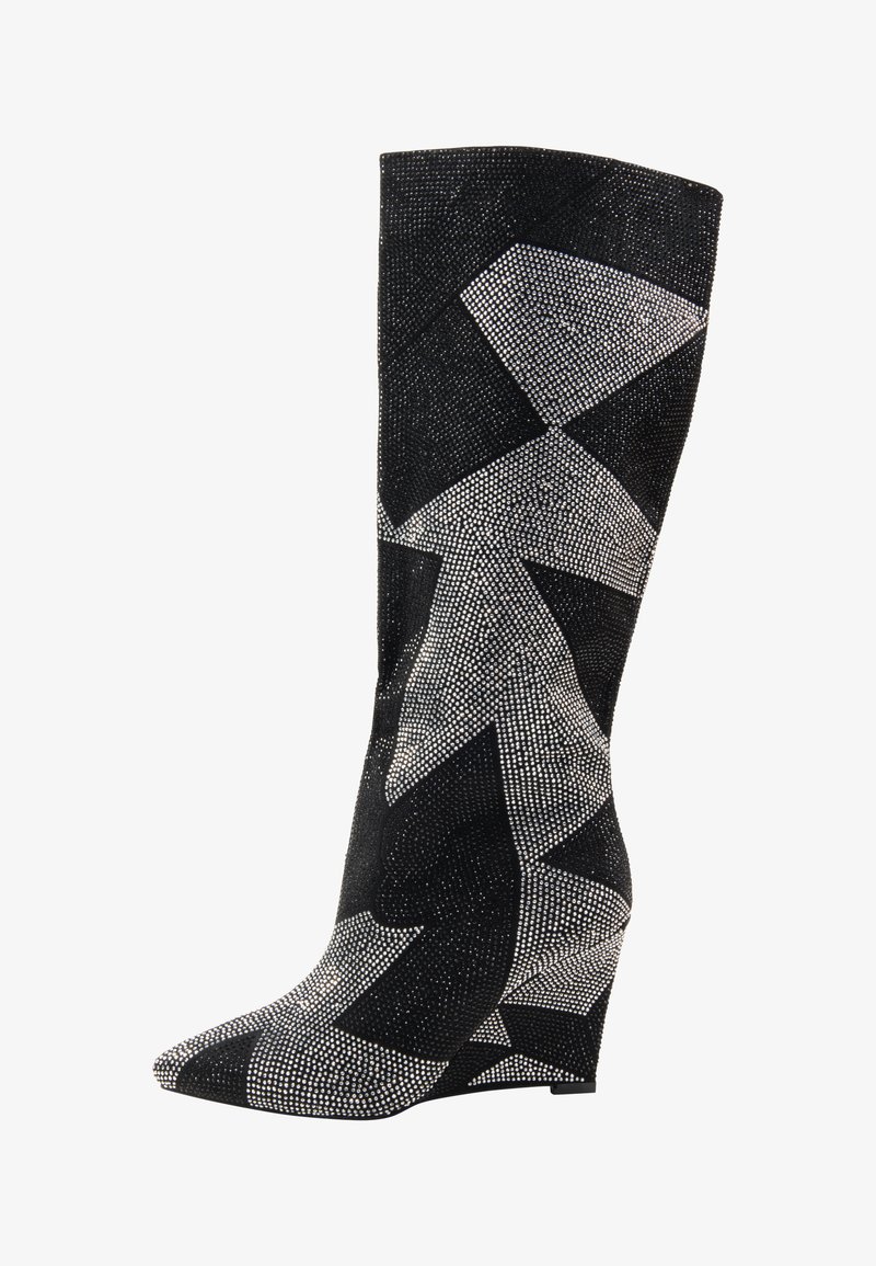 Wedge-heeled knee-high boot made of black fabric with silver geometric patterns, featuring a pointed toe and a textured surface.