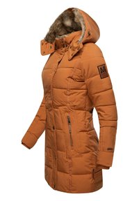 Orange puffer coat featuring a faux fur-lined hood, zippered side pockets, and patterned stitching on the sleeves and body.