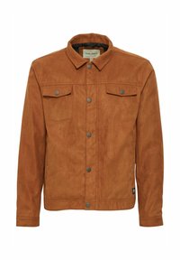 Brun kunstig semsket skinnjakke med krage, frontlukking med knapper, to brystlommer og en glatt tekstur. Designet med lange ermer og rett kutt.