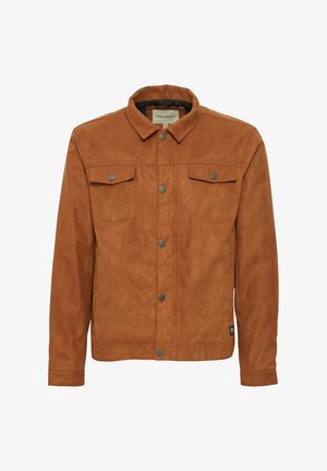 Giacca in finta suede marrone con colletto, chiusura frontale a bottoni, due tasche sul petto e una texture liscia. Progettata con maniche lunghe e una linea dritta.