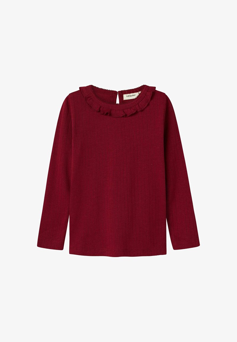 Ribbad långärmad topp i burgundy med enVolangkrage och knäppning bak. Mjuk textur, figurnära design.