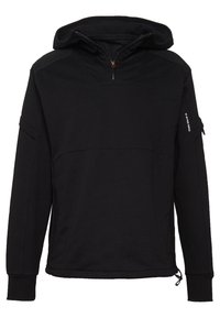 Černá mikina s kapucí vyrobená z měkkého materiálu, s polozipem na límci, bočními švy a nastavovací šňůrkou na spodním lemu.