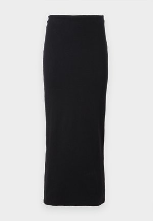 Gonna attillata nera a coste, lunga fino al ginocchio, con vita elasticizzata; texture liscia e design semplice, senza decorazioni.