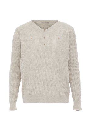 Maglione grigio chiaro a maglia con scollo a V, polsini a coste e bottoni decorativi; presenta un motivo testurizzato su tutta la superficie.