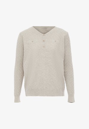 Hellgrauer Strickpullover mit V-Ausschnitt, gerippten Bündchen und dekorativen Knöpfen; weist ein strukturiertes Muster auf.