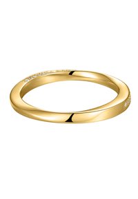 Gold ring with a smooth, rounded design. Features a row of small clear stones along one side. Shiny, polished surface.