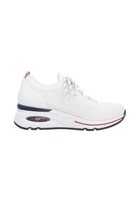White athletic shoes with a mesh upper, round toe, and lace closure. Features air cushioning in the sole and navy-blue accents.