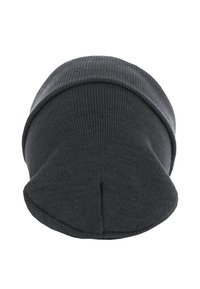 Dark gray knitted beanie hat with a ribbed texture, soft fabric, and a tapered design, featuring a folded cuff and rounded top.