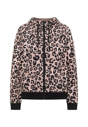 Sudadera con cremallera y estampado de leopardo en rosa claro con detalles negros, que incluye capucha con cordón, bolsillos frontales y puños acanalados. Textura de tela suave.