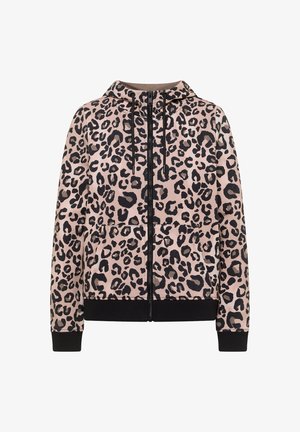 Bluza z suwakiem w panterkę w jasnoróżowym kolorze z czarnymi akcentami, wyposażona w kaptur ze ściągaczem, przednie kieszenie i ściągacze na rękawach. Miękka tekstura materiału.