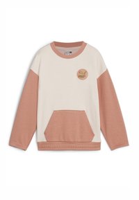 Färgblockerad sweatshirt med en krämfärgad kropp, rosa ärmar och en framficka. Har en cirkulär broderad logotyp på bröstet.