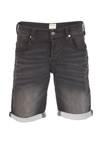 Shorts di denim nero con orli arrotolati, caratterizzati da un classico design a cinque tasche e una leggera sfumatura. Realizzati in un tessuto misto cotone.