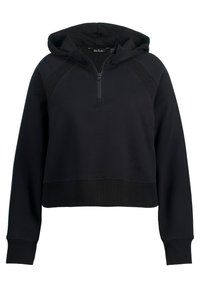 Felpa nera con cappuccio e zip a quarti, con polsini e orlo a costine, realizzata in un tessuto morbido, caratterizzata da maniche raglan e un design semplice.