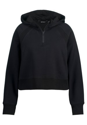 Czarna hoodie z kapturem, z ćwierć zamkiem, z prążkowymi mankietami i dolnym wykończeniem, wykonana z miękkiego materiału, z rękawami raglanowymi i prostym wzorem.
