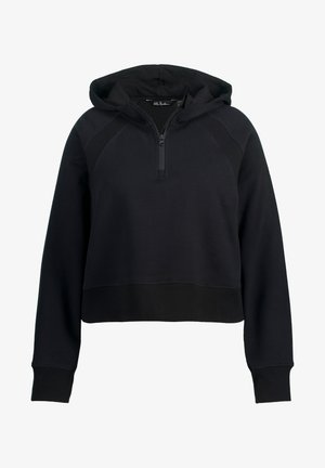 Czarna hoodie z kapturem, z ćwierć zamkiem, z prążkowymi mankietami i dolnym wykończeniem, wykonana z miękkiego materiału, z rękawami raglanowymi i prostym wzorem.