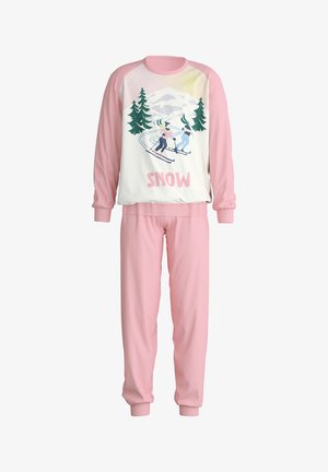 Katoenen pyjama set met een witte top met een skilift grafiek en roze mouwen, gecombineerd met bijpassende roze broek, elastische manchetten en tailleband.
