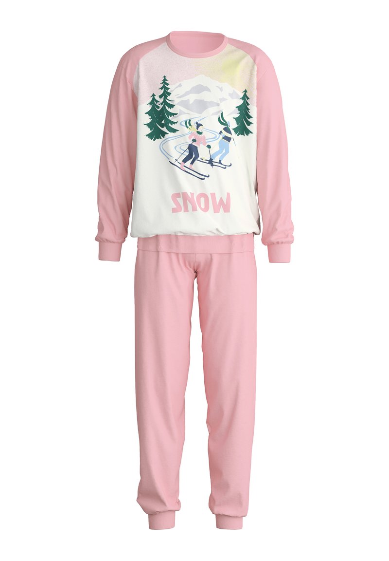 Katoenen pyjama set met een witte top met een skilift grafiek en roze mouwen, gecombineerd met bijpassende roze broek, elastische manchetten en tailleband.