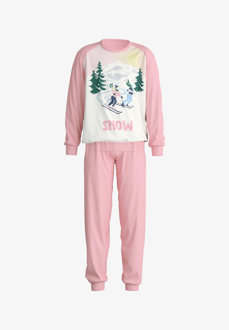 Katoenen pyjama set met een witte top met een skilift grafiek en roze mouwen, gecombineerd met bijpassende roze broek, elastische manchetten en tailleband.