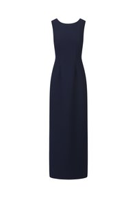Navy mouwloze jurk met een ronde halslijn, rechte silhouet en subtiele plooien aan de voorkant, gemaakt van glad, gestructureerd materiaal.