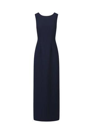 Navy sleeveless dress with a round neckline, straight silhouette, and subtle pleats on the front, made from smooth, structured fabric.