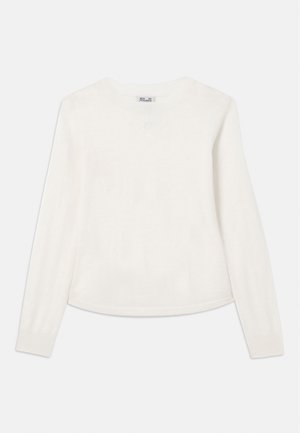 Biały sweter z długim rękawem wykonany z miękkiej dzianiny. Posiada okrągły dekolt i subtelne haftowane logo na piersi. Lekko luźny krój.