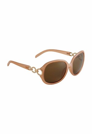 Braun getönte Sonnenbrille mit einem hellrosa Kunststoffrahmen. Die Merkmale umfassen runde Gläser und dekorative goldene Kettenakzente an den Bügeln.