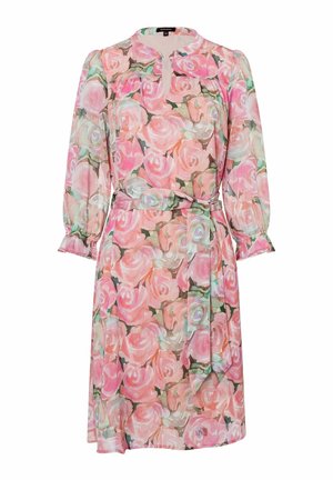 Sukienka z długim rękawem do kolan z różowo-zielonym wzorem róż namalowanych akwarelą, okrągłym dekoltem, wiązaniem w talii i marszczonymi mankietami.