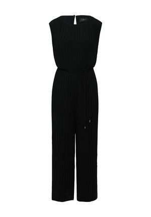 Schwarzer, gerippter Jumpsuit mit ärmellosem Design, rundem Ausschnitt, Taillengurt und einem Schlüsselrückenverschluss. Verfügt über einen geraden Bein-Schnitt.