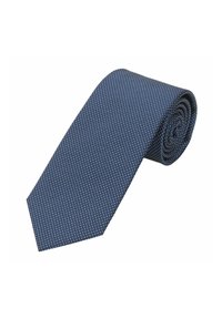Navy blue tie featuring a polka dot pattern in white, made of a smooth fabric, designed in a classic, tapered shape.