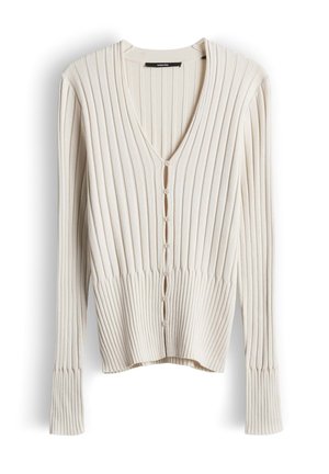 Crèmekleurig geribd gebreid vest met lange mouwen, V-hals, knoopsluiting aan de voorkant en een getailleerd detail in de taille.