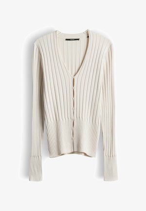 Crèmekleurig geribd gebreid vest met lange mouwen, V-hals, knoopsluiting aan de voorkant en een getailleerd detail in de taille.
