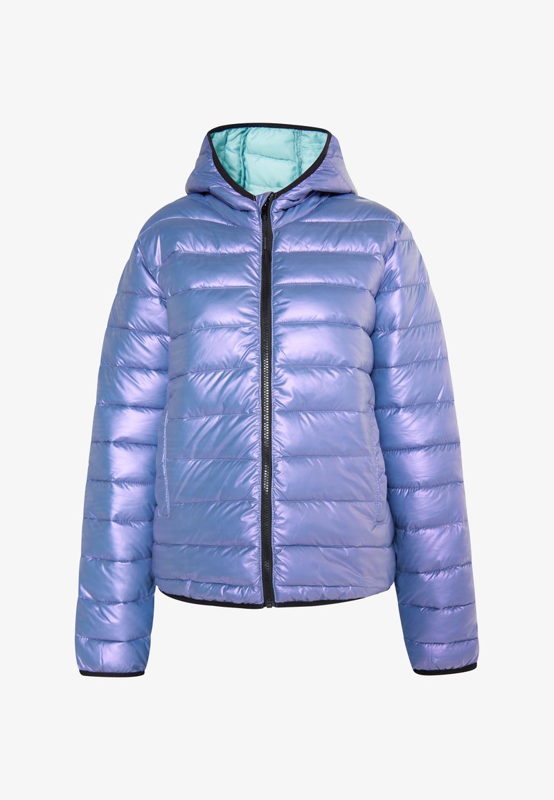 Gepolsterte Kapuzenjacke in glänzendem Hellviolett mit kontrastierender Innenauskleidung. Verfügt über einen Reißverschluss, seitliche Taschen und elastische Bündchen.