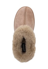 Tan mockasin i mocka med fuskpälskrage, rund form och sydda detaljer. Märkt 'paradiso' på insidan. Mjuk textur.