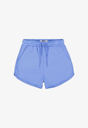 Pantalones cortos de cintura elástica azul claro con bolsillos laterales y cordón frontal, hechos de tela suave, estilo casual y cómodo.