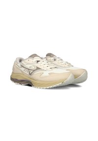 Beige athletic shoes with mesh and leather materials. Rounded toe, cushioned sole, and patterned side accents. Laces match the upper color.