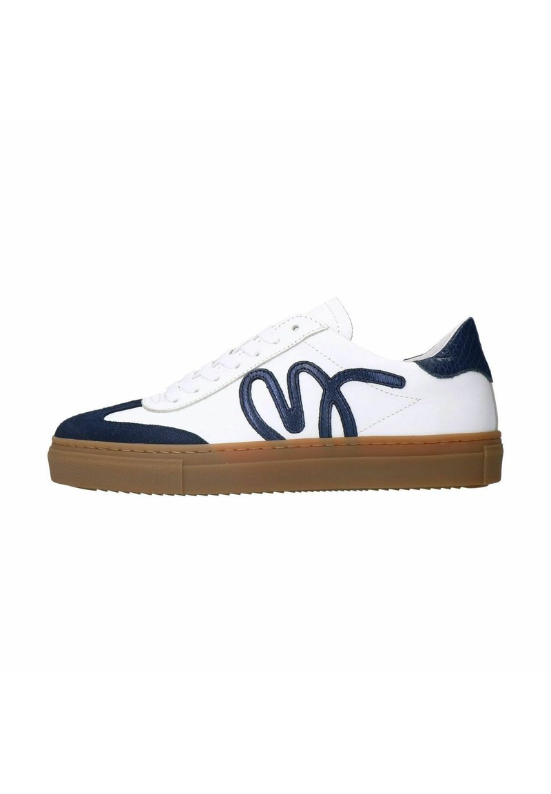 White sneakers with navy accents, featuring a suede toe cap, textured rear, and a prominent navy logo on the side. Rubber sole.