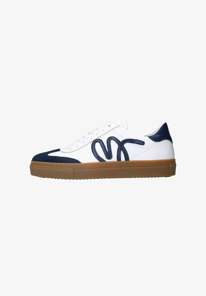 White sneakers with navy accents, featuring a suede toe cap, textured rear, and a prominent navy logo on the side. Rubber sole.