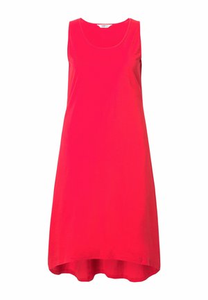 Vestido rojo sin mangas, hecho de una tela ligera, presenta un corte relajado con un escote redondeado y un dobladillo trasero ligeramente más largo.